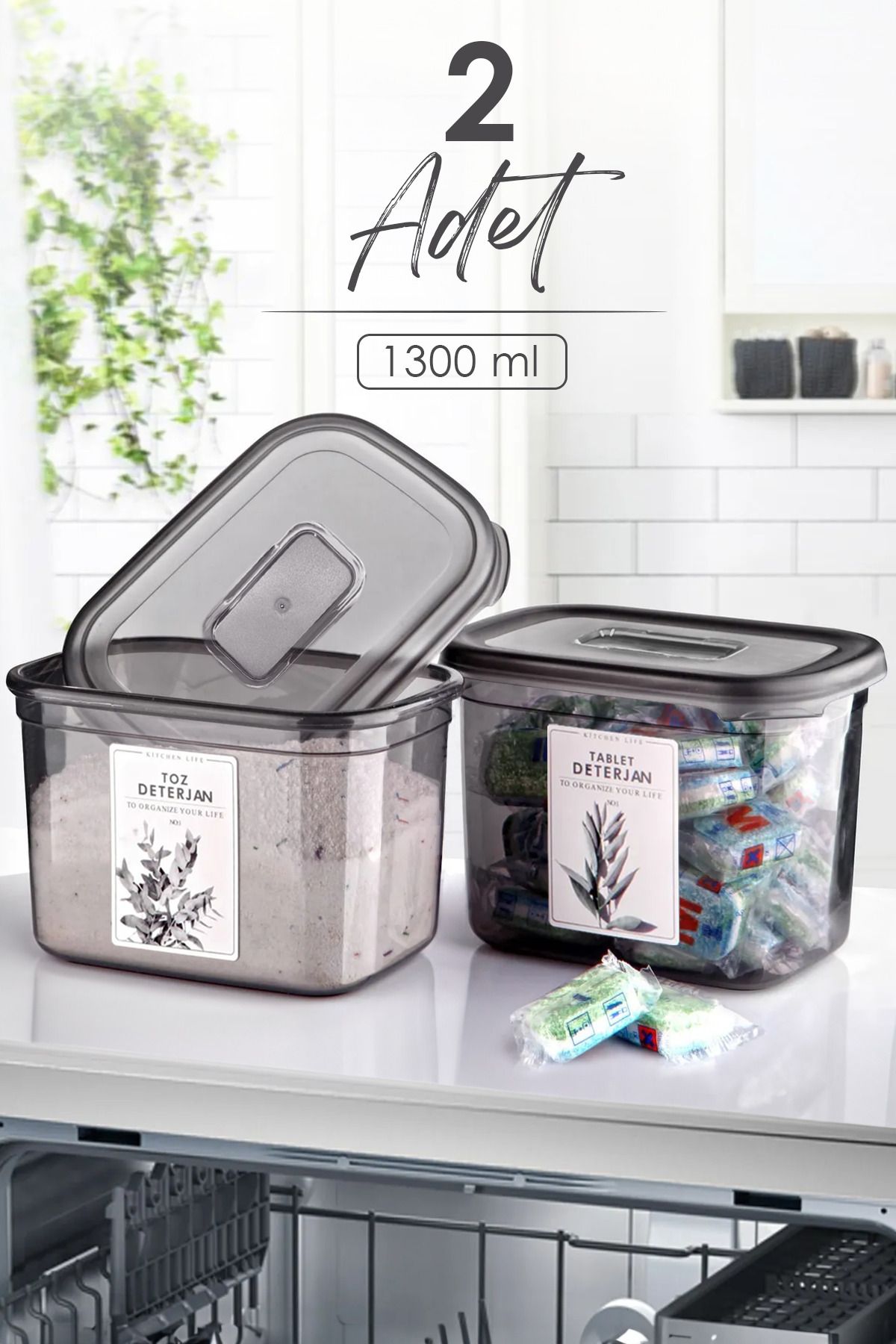 2 Adet Büyük Boy Dikdörtgen Deterjan Saklama Kutusu - 1300 ml - Deterjan Seti