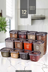 12'li Etiketli Square Kare Erzak Saklama Kabı Seti X4(550ML-1200ML-1750ML) Sert Kapaklı Kavanoz/STD